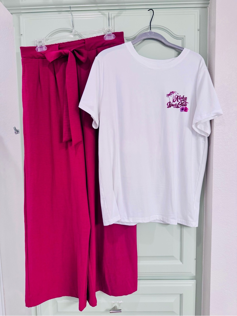 Women's Aloha White Graphic Tee & Rust Color Wide-Leg Pant Set